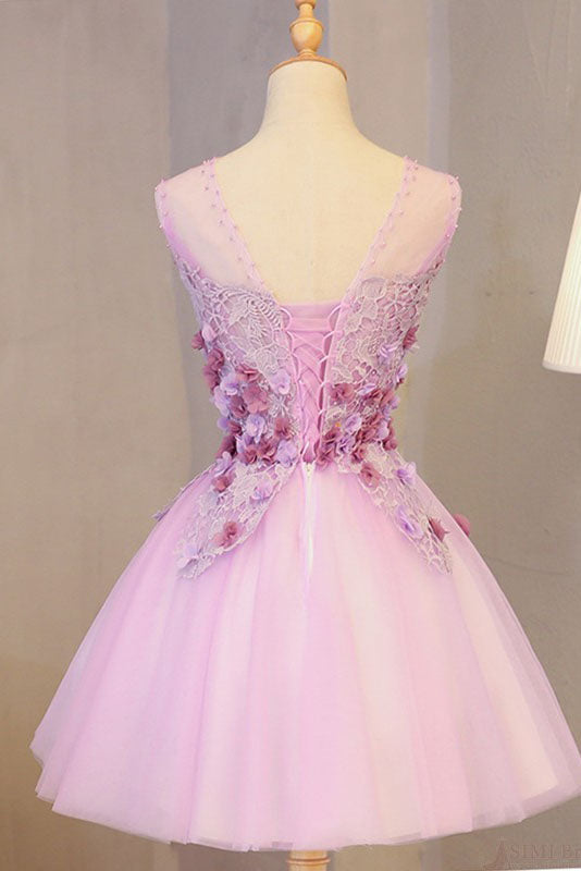 A Line Short Tulle With Appliques, Cute Sleeveless homecoming Dress With Flowers, Appliqued Graduation Dress    cg12117