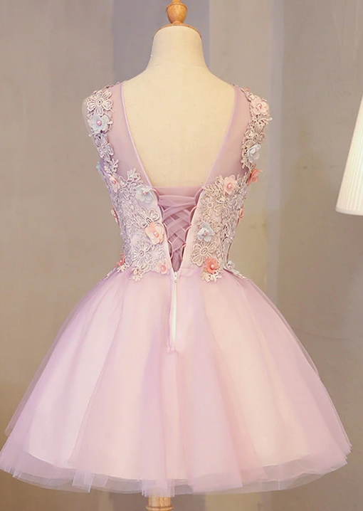 Cute Pink Round Neckline Tulle Party Dress with Flowers, Lovely Formal Dress homecoming Dress    cg12118