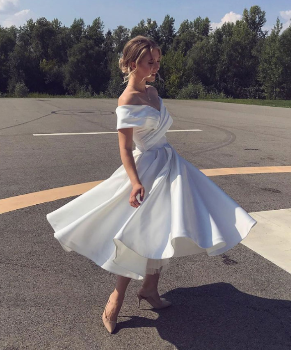 WHITE OFF SHOULDER SATIN TEA LENGTH PROM DRESS WHITE EVENING DRESS   cg12209