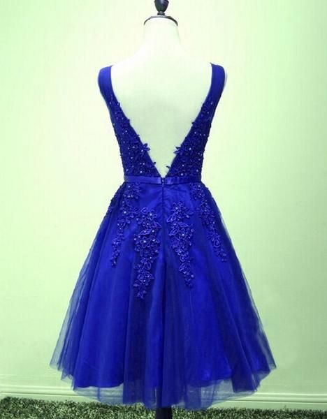 Lovely Blue V-Neckline Lace Applique Homecoming Dress   cg12263