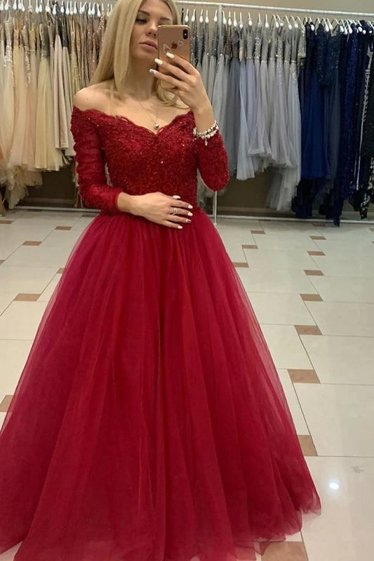 Off Shoulder Long Sleeves Burgundy Lace Prom Dresses   cg12372