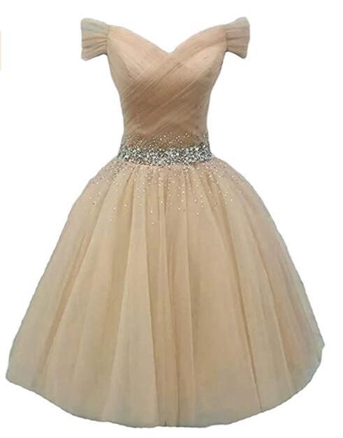 Cute Champagne Beaded Sweetheart Homecoming Dress, Off Shoulder Party Dress   cg12477