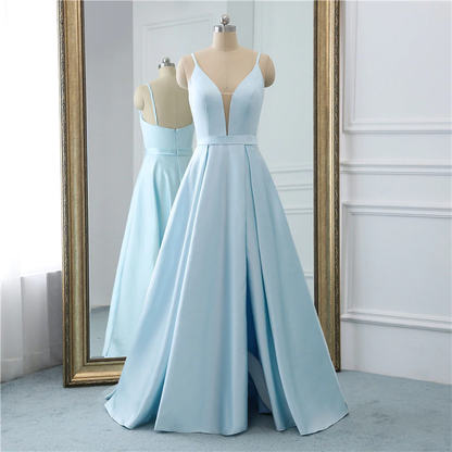 Sexy A Line V Neck Backless Satin Elegant Prom Dresses Spaghetti Strap Zipper Backless Floor Length Prom Dress   cg12503