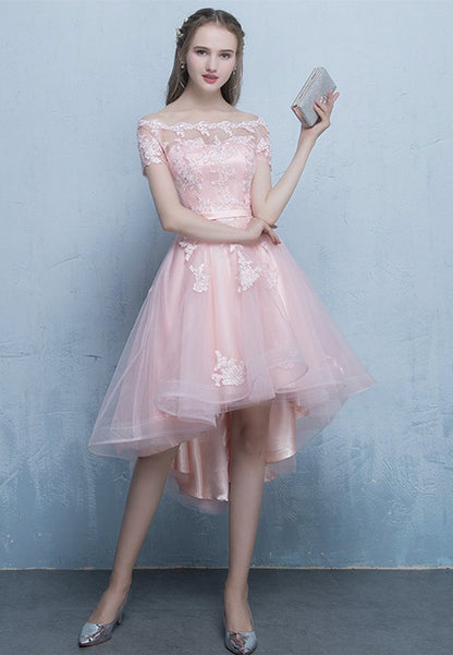 Beautiful Pink Off Shoulder High Low Tulle Homecoming Dress   cg12525