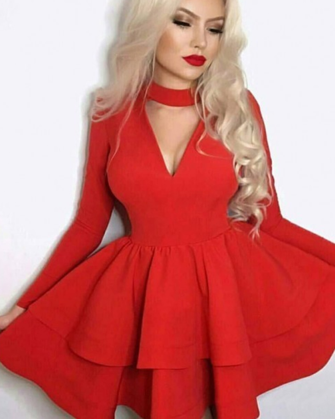 A-Line Choker Neck Long Sleeves Red Satin Homecoming Dress   cg12581