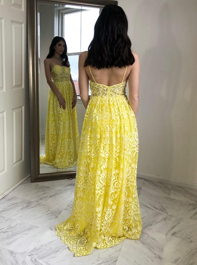 Charming A-Line Spaghetti Straps Floor-Length Yellow Lace Prom Dress    cg12625
