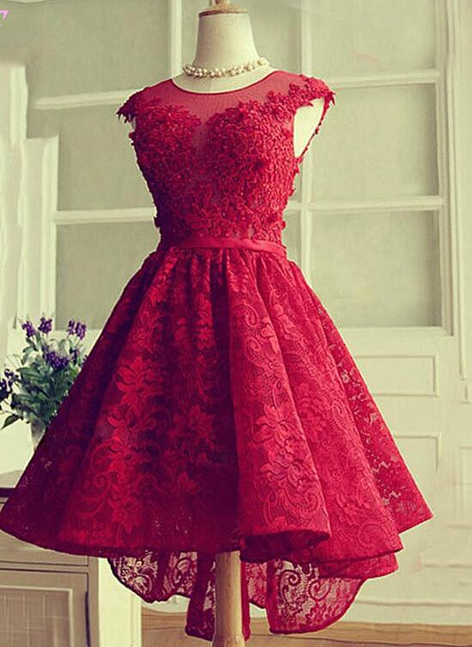 Fashionable Wine Red Lace High Low Party Dress, Lace Homecoming Dress   cg12803