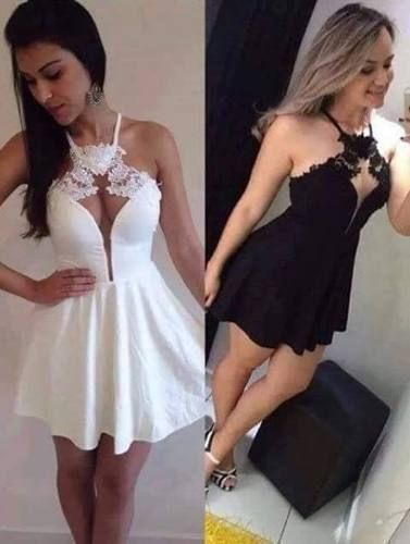 Halter Short homecoming Dress, White/Black Satin homecoming Gown cg1286