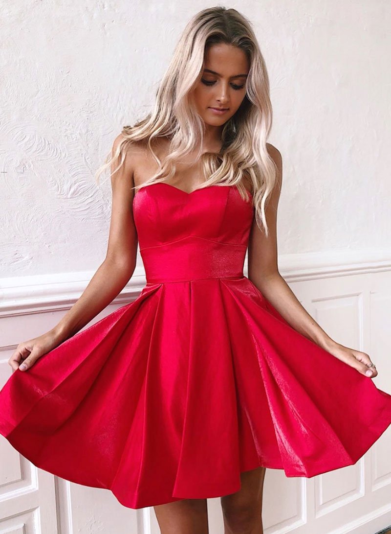 Red sweetheart neck satin short dress, homecoming dress cg1296