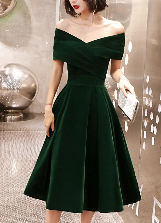 Green Tea Length Velvet Off Shoulder Party Dress, Green Bridesmaid Dress prom dress evening dress   cg13073