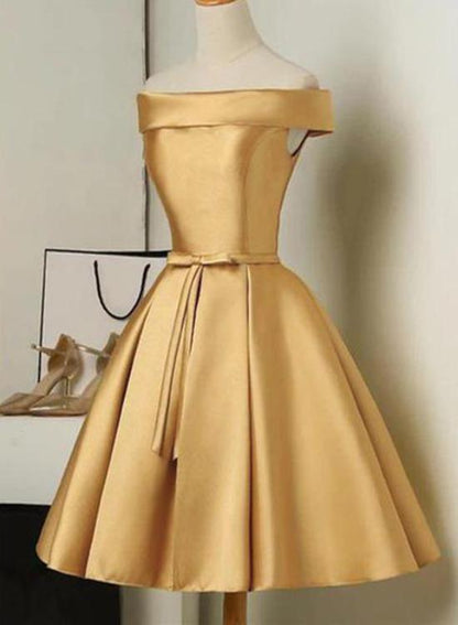 Cute Golden Satin Knee Length Off Shoulder Dress, Short Homecoming Dress   cg13132