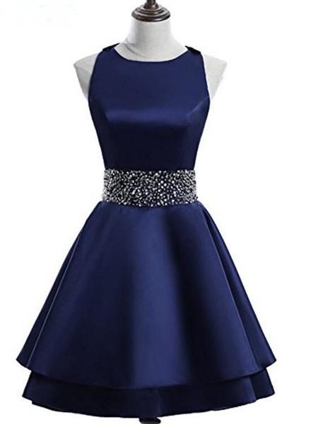 Navy Blue Satin Layers Cross Back Homecoming Dress    cg13148