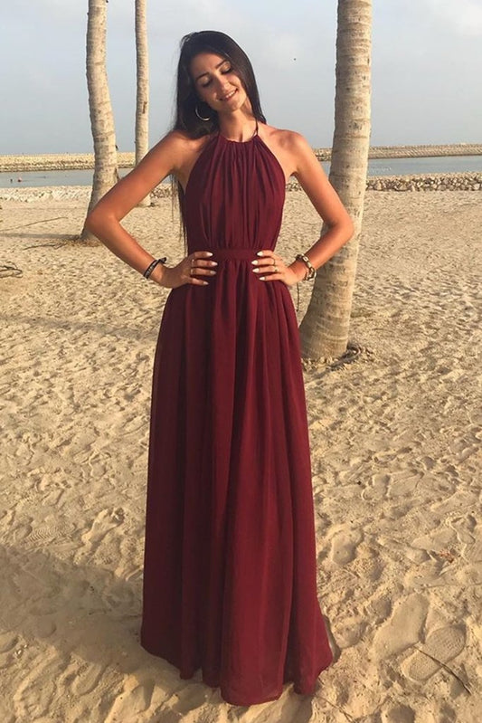 A Line Halter Neck Burgundy Long Prom Dress, Halter Neck Burgundy Formal Graduation Evening Dress, Burgundy Bridesmaid Dress   cg13229