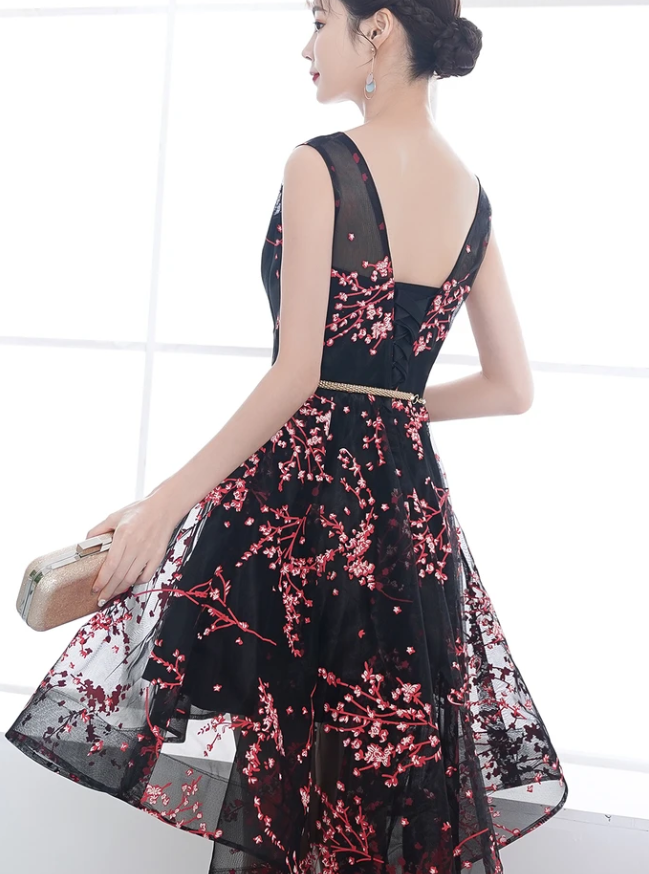 Adorable Black Floral High Low Homecoming Dress   cg13256