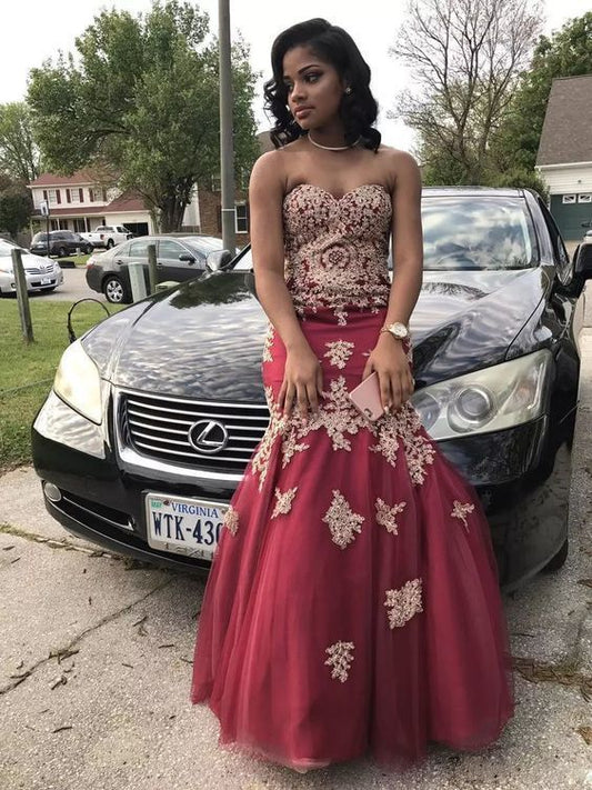 African Burgundy Prom Dresses Tulle Mermaid Sweetheart Long Party Dress Beading Gold Appliques   cg13384