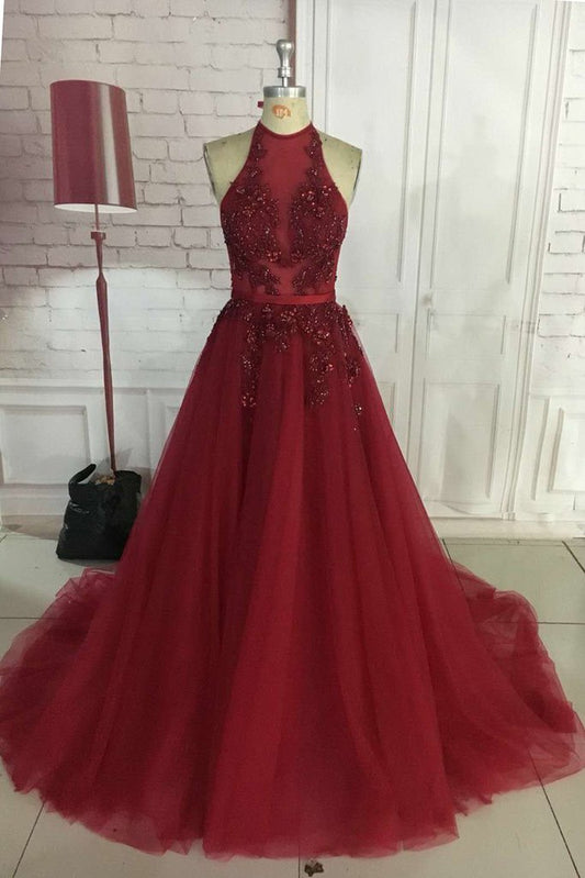 Sexy A-Line Halter Long Burgundy Tulle Prom Dresses Backless Floor Length Formal Party Dresses   cg13441