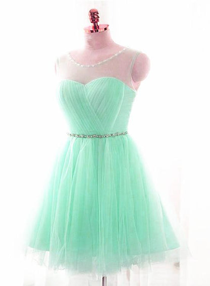 Mint Green Tulle Round Beaded Tulle Party Dress, Short Homecoming Dress   cg13443