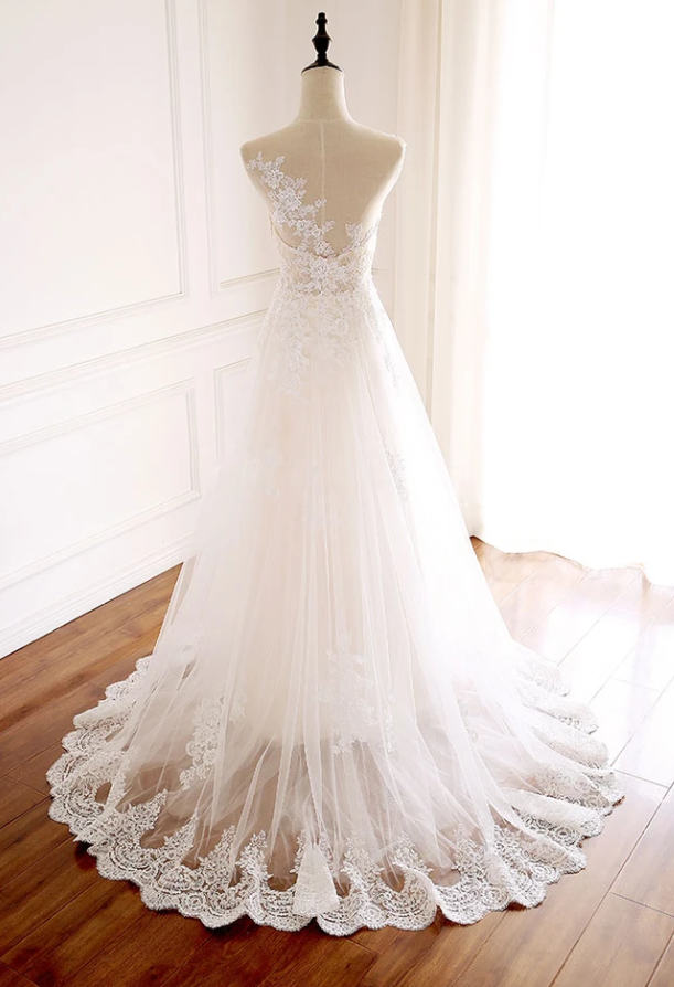 WHITE ROUND NECK TULLE LACE LONG PROM DRESS WHITE TULLE WEDDING DRESS   cg13475