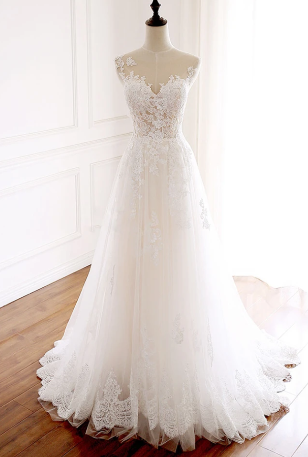 WHITE ROUND NECK TULLE LACE LONG PROM DRESS WHITE TULLE WEDDING DRESS   cg13475