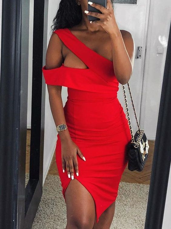 Solid One Shoulder Cutout Slit Bodycon Dress Homecoming Dress   cg13484