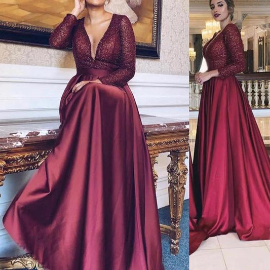 burgundy prom dresses 2020 deep v neck sequins satin red long sleeve evening dresses   cg13803