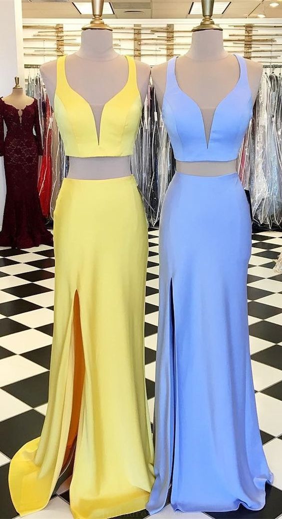 Custom Made Comely Prom Dresses Blue Two Piece Yellow/Blue Mermaid Long Prom Dress With Side Slit cg1392