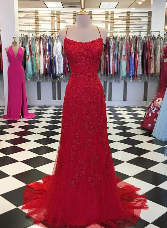 Red lace long prom dress, mermaid evening dress cg1396