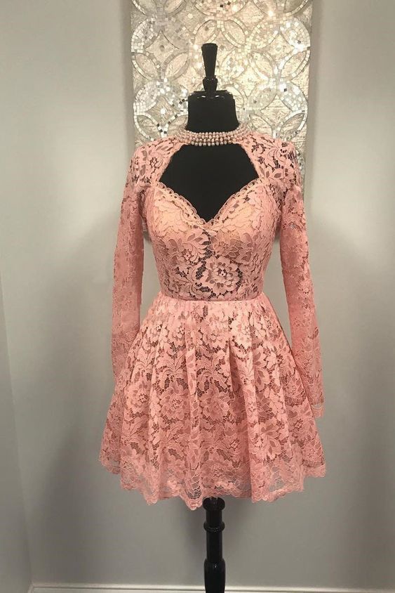 Sweetheart Long Sleeves Pink Lace Short Homecoming Dress   cg14021