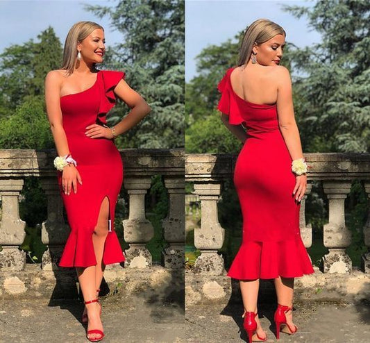 Red Mermaid Cocktail Dresses One Shoulder Side Split Tea Length Women Formal Prom Party Gowns   cg14026