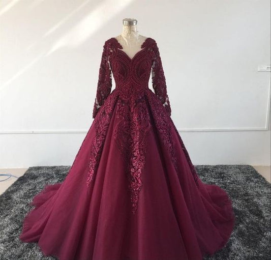 Burgundy Prom Dress With Train , Lace Prom Dress   cg14067