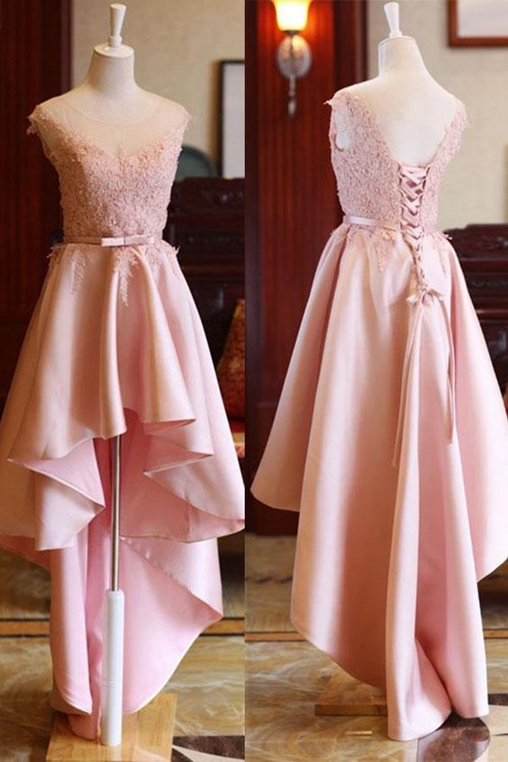Pink High Low Scoop Lace Up Mid Back Satin Prom Dresses  cg1412