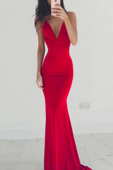 Charming V Neckline Prom Dress, Sexy Sleeveless Mermaid Evening Dress, Backless Long Prom Dresses   cg14323