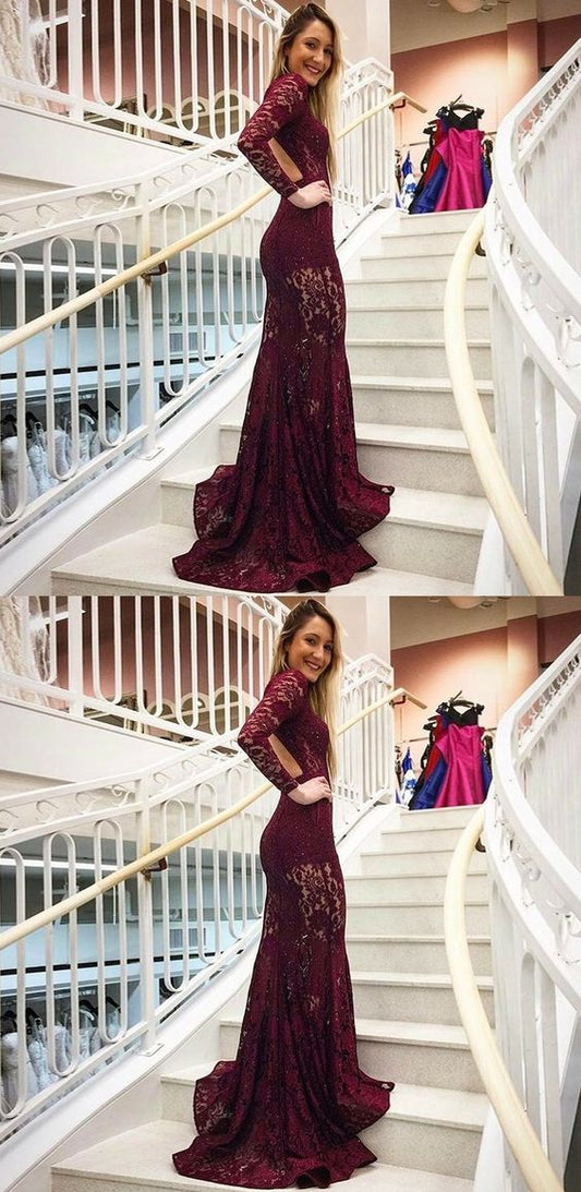 Mermaid High Neck Backless Long Sleeves Burgundy Lace Prom Dress With Pockets   cg14363