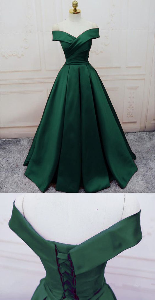 Emerald Green Long Satin Evening Dresses V-neck Off The Shoulder Prom Dresses    cg14497