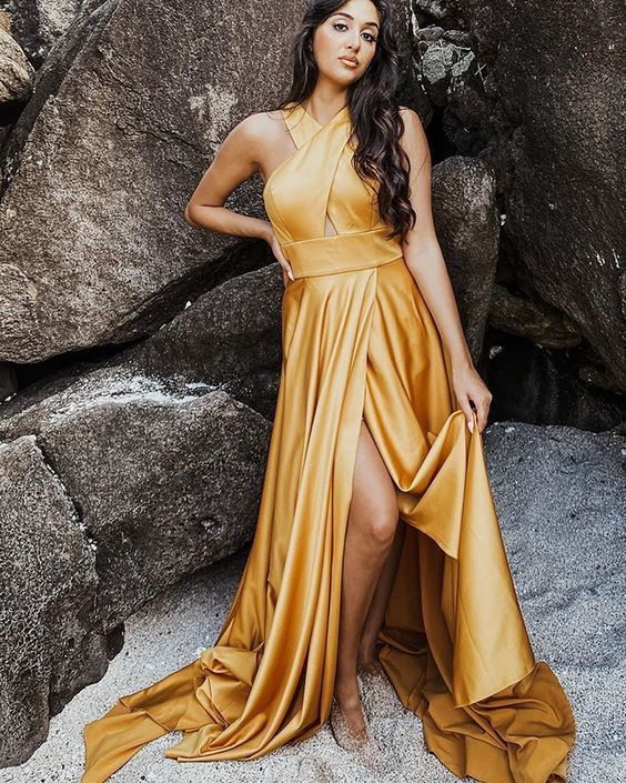 Criss Cross Satin Wax Yellow Simple Prom Dress with Side Slit cg13572