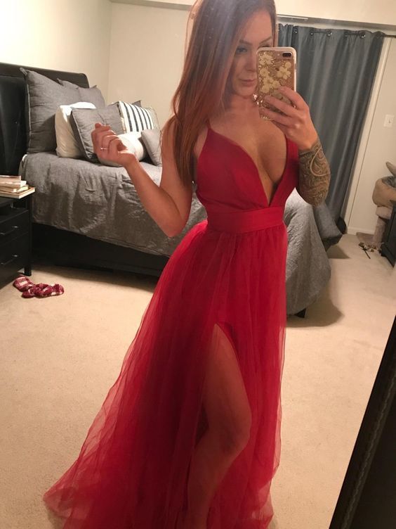 Red Tulle V-Neck Prom Dress,Spaghetti Straps Tulle Prom Dress   cg13575
