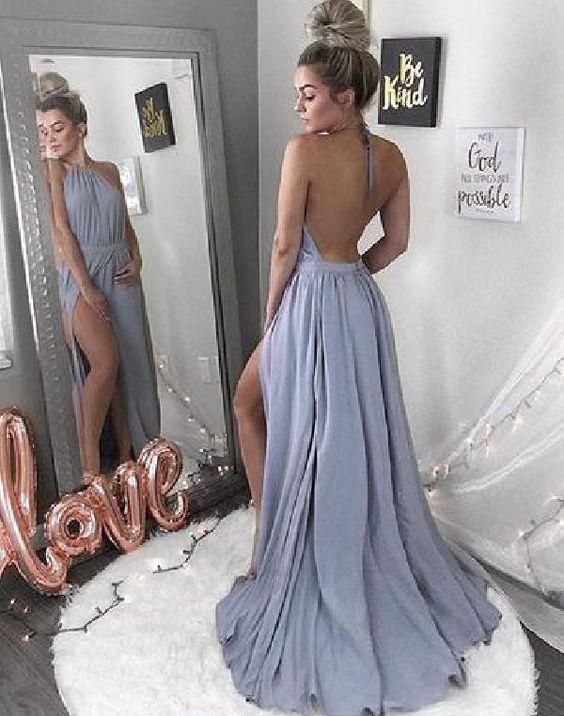 Backless Blue Halter Neck Long Prom Dress,Discount Simple Prom Gown   cg14602