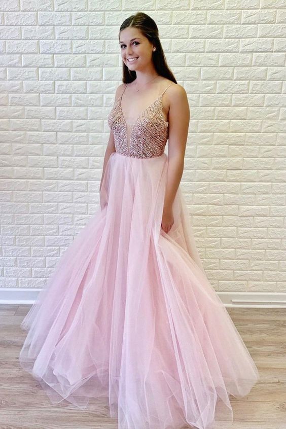 Spaghetti Straps Beading Long Tulle Pink Prom Dress    cg14611