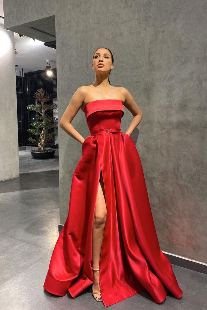 SIMPLE RED SATIN LONG PROM DRESS RED EVENING DRESS   cg14642