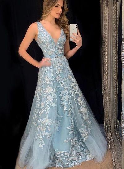 Charming Light Blue A-line Prom Dresses,Lace Evening Dresses,V-neck Tulle Applique Party Evening Gown   cg14650