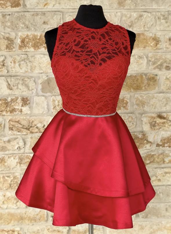 Red lace satin short dress homecoming dress   cg14661