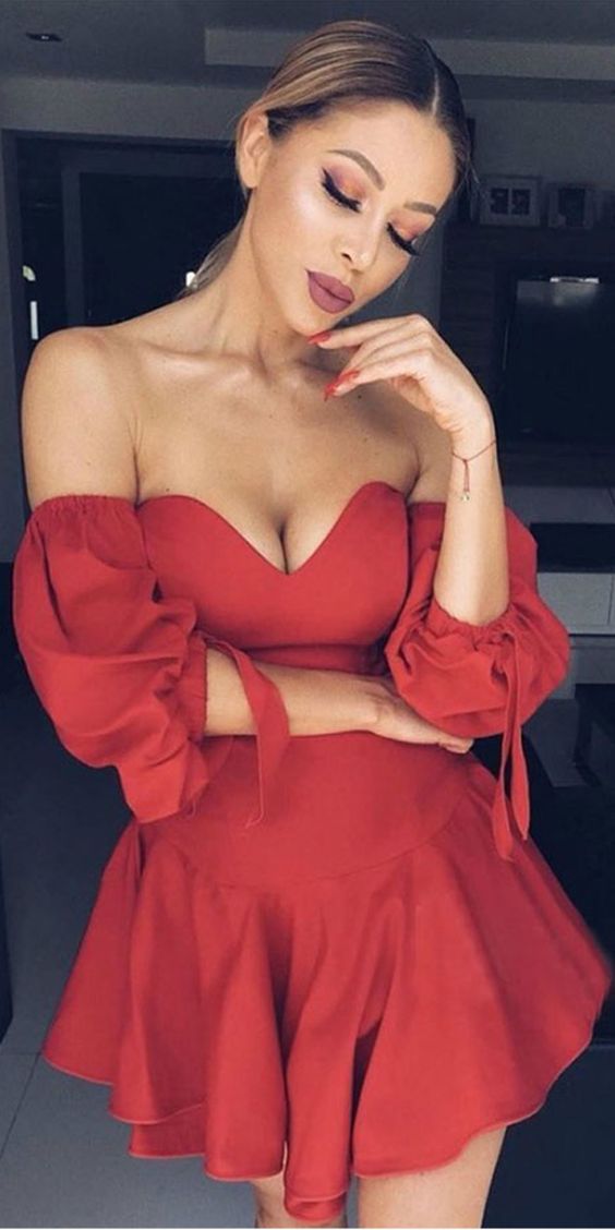 A-Line Red Satin Off the Shoulder Puff Sleeve Homecoming Dress  cg1467