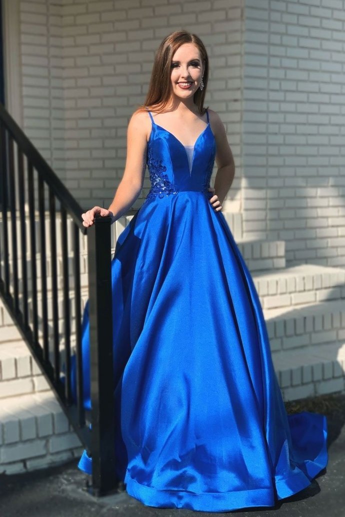 Blue v neck satin long prom dress blue evening dress   cg14711
