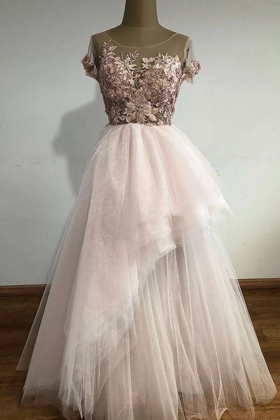 Unique tulle lace long prom dress, tulle lace evening dress   cg14733