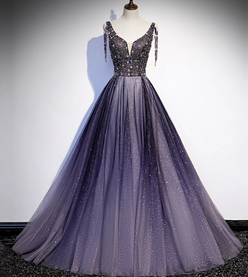 Charming Purple Gradient Tulle V-Neckline Long Party Dress, A-Line Prom Dress    cg14741