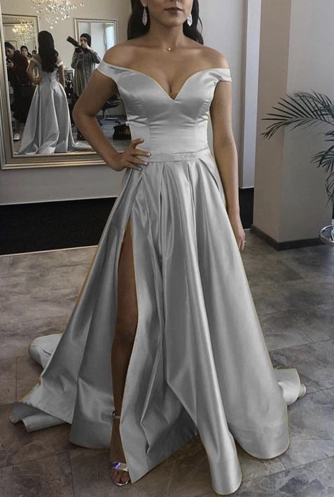 Silver prom long dresses 2021 off the shoulder split gown    cg14790