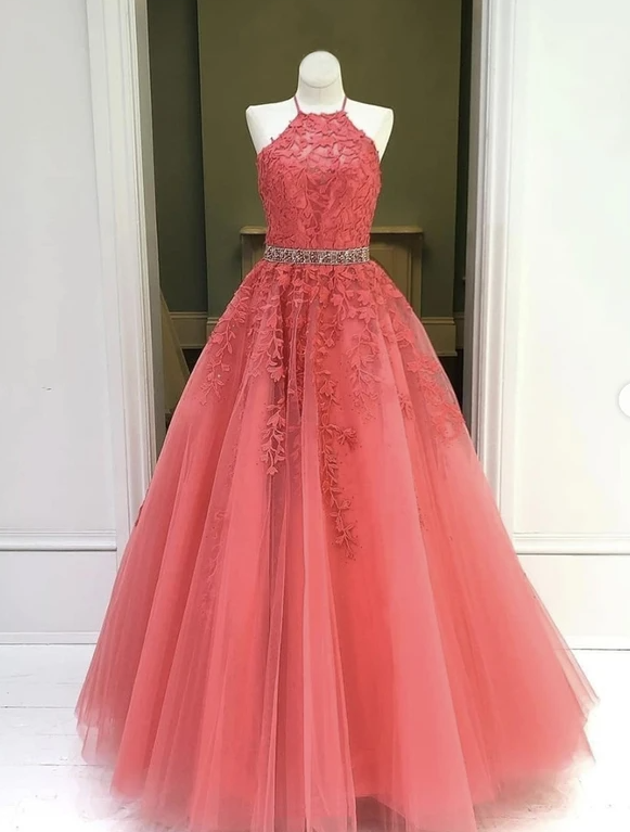 Red tulle lace long prom dress evening dress   cg14867