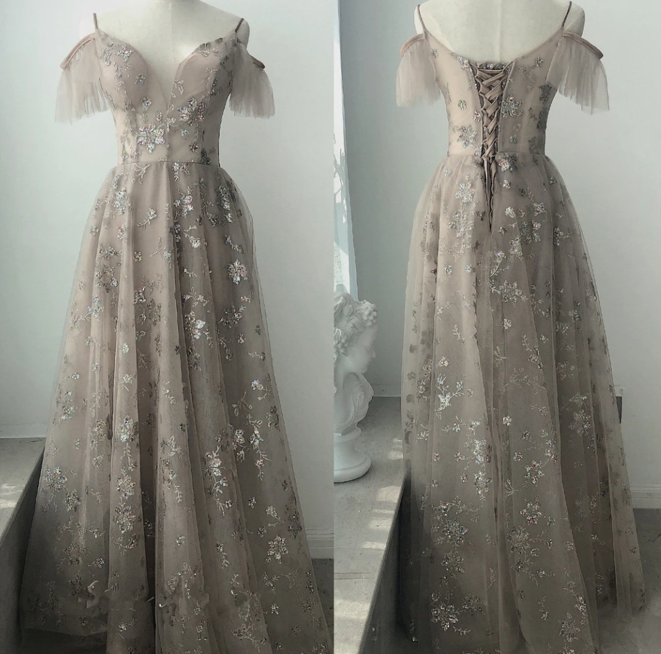 Beautiful Light Champagne Straps Long Party Dress, A-Line Floor Length Prom Dress   cg14868