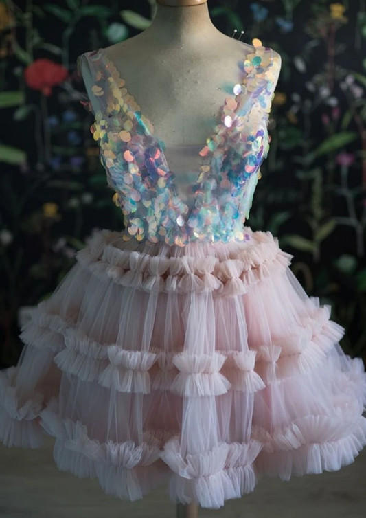 Homecoming Dress PINK V NECK TULLE SEQUIN SHORT DRESS PINK COCKTAIL DRESS       cg14913