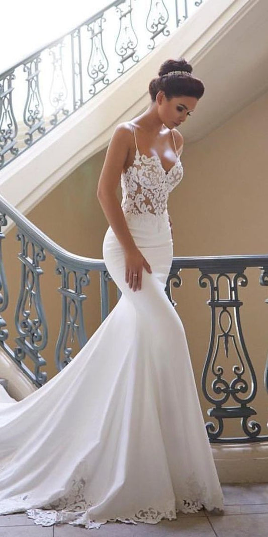 Charming Appliques Lace Mermaid Wedding Dresses with Straps, Sexy Sleeveless prom gown cg1492
